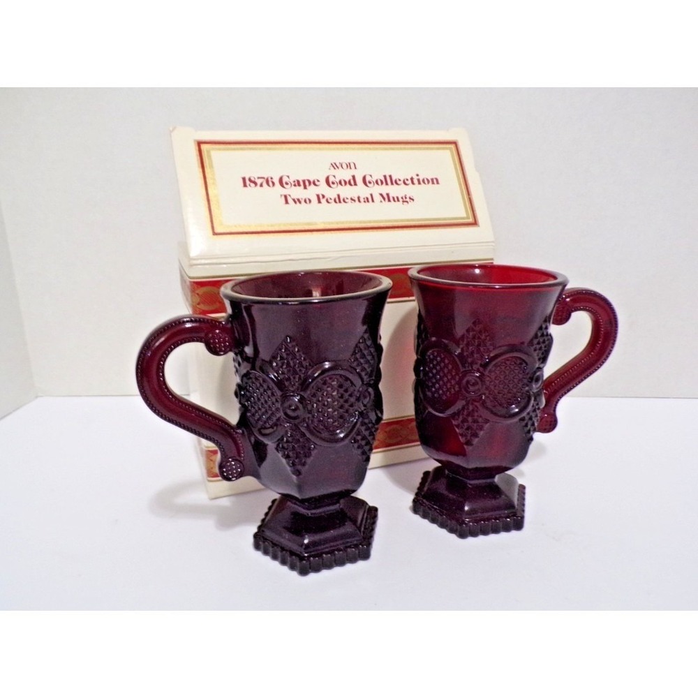 Avon 1876 Cape Cod Collection Set of 2 Coffee Mugs Ruby Red Glass Boxed Vintage